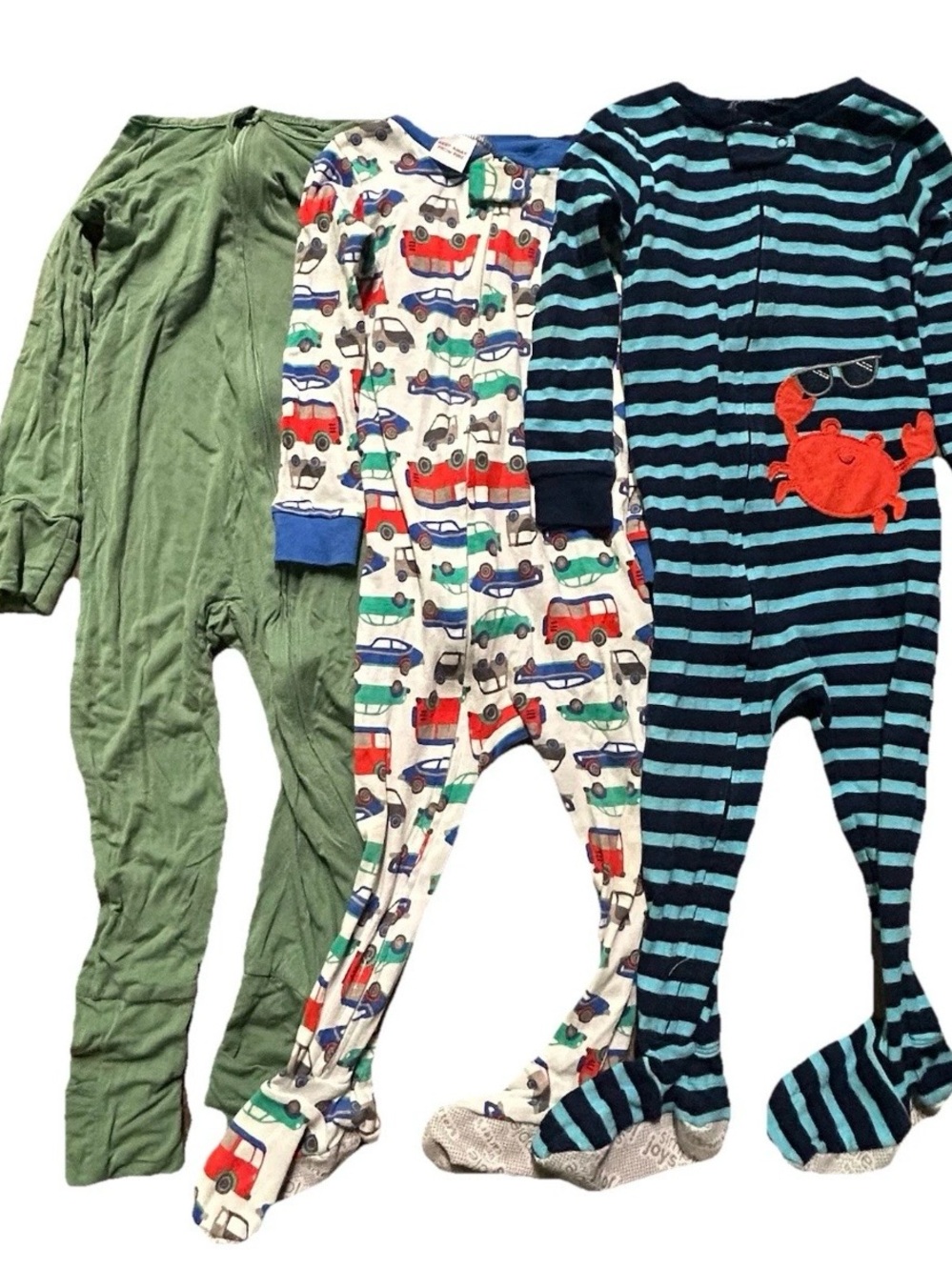 Toddler Boy Footie Pajamas Green Bamboo Cars Crab Size 18-24 Months